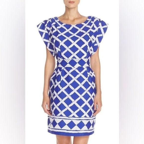 Eliza J Blue Trellis Print Pleated Dress Business Cocktail fit & flare size 12 - Picture 1 of 12